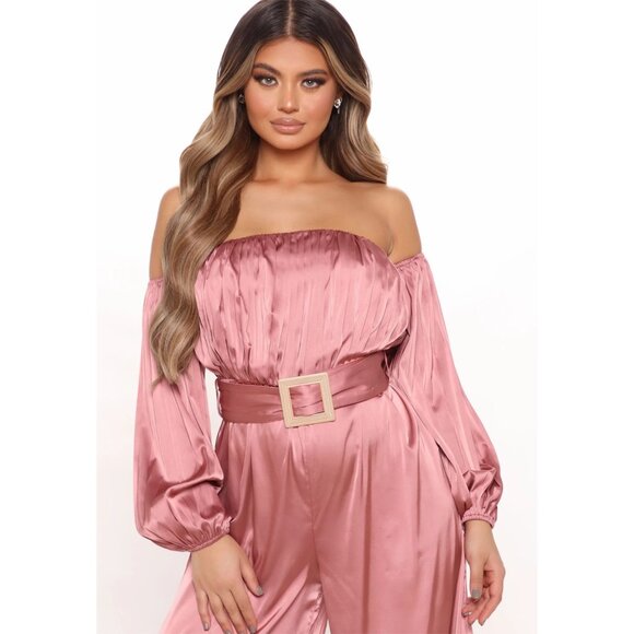 Fashion Nova Stay Fabulous Mauve Satin Off‑Shoulder Belted Wide‑Leg Jumpsuit S - Picture 2 of 5